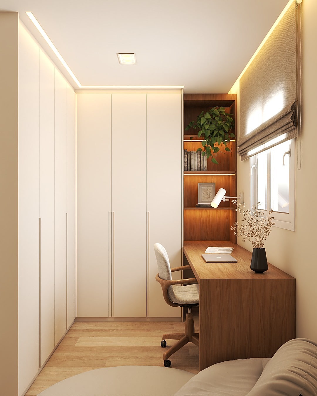 17. Soft Beige Nook With Warm Wood Desk - home office ideas for women