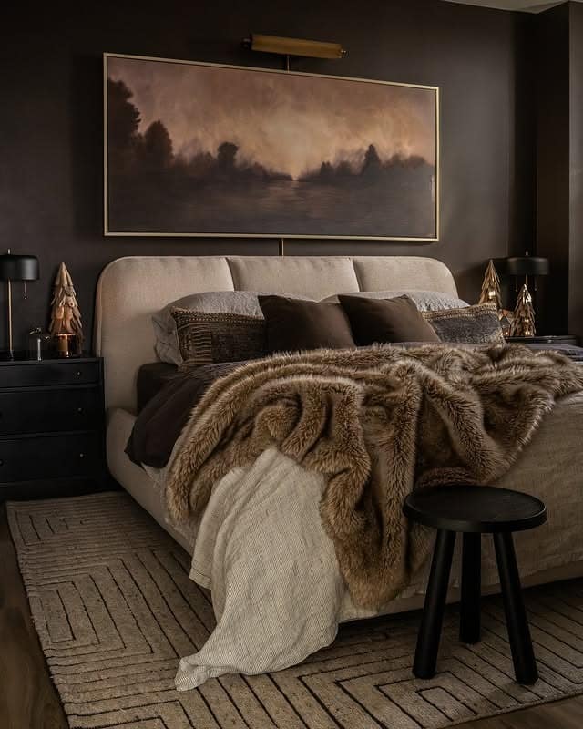 1. Moody Espresso Sanctuary with Luxe Textures - black and brown bedroom ideas