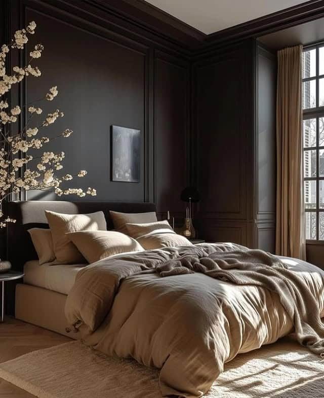 4. Chocolate Panelled Haven with Camel Bedding - black and brown bedroom ideas