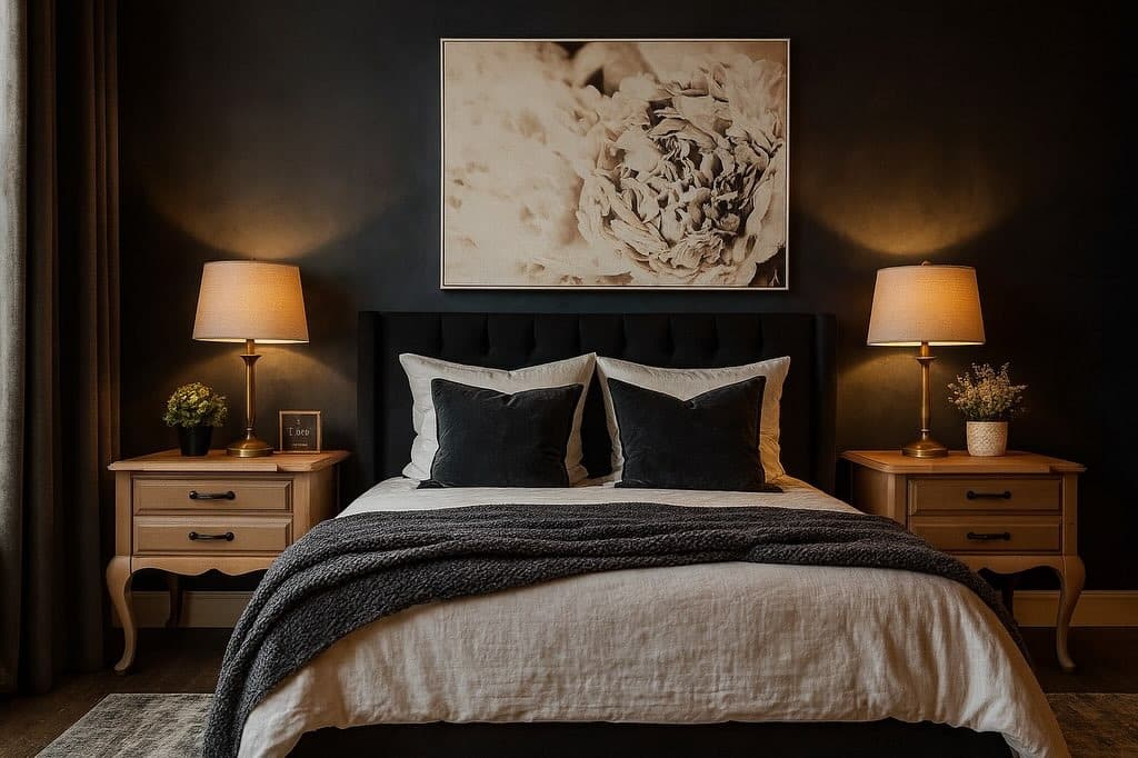 5. Soft Noir Bedroom with Golden Wood Highlights - black and brown bedroom ideas