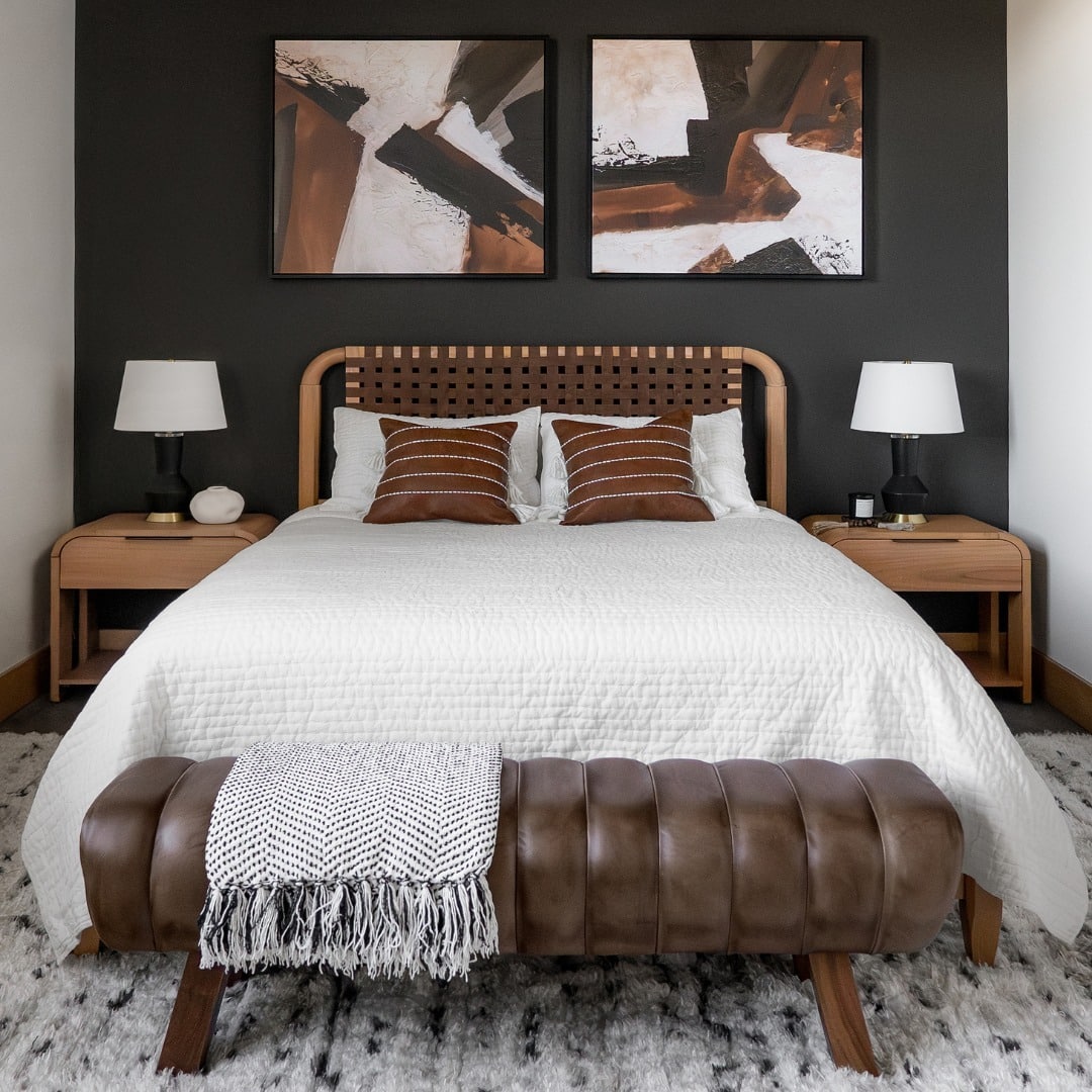 6. Contemporary Contrast with Woven Details - black and brown bedroom ideas