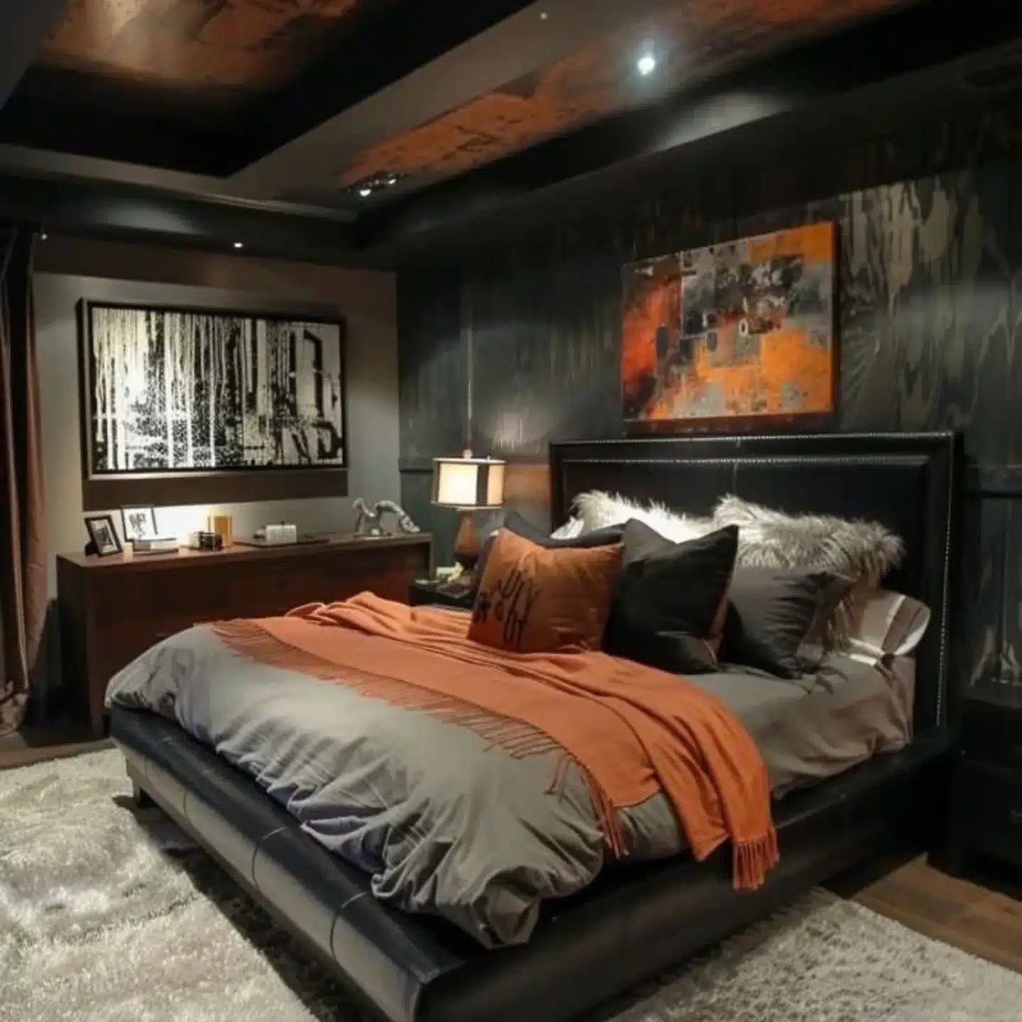 8. Urban Amber Bedroom with Dramatic Artwork - black and brown bedroom ideas