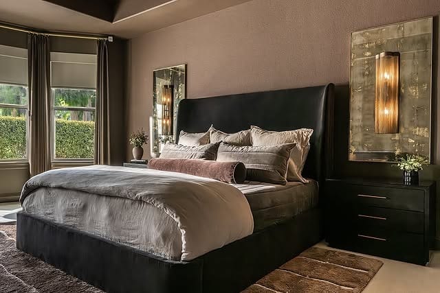 9. Contemporary Luxe Suite in Black and Taupe - black and brown bedroom ideas