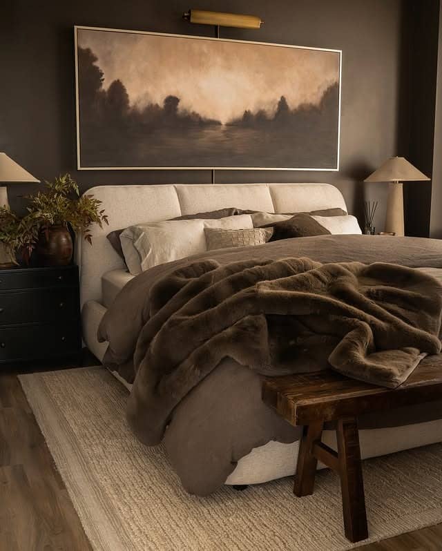 12. Modern Mocha Bedroom with Plush Layers - black and brown bedroom ideas