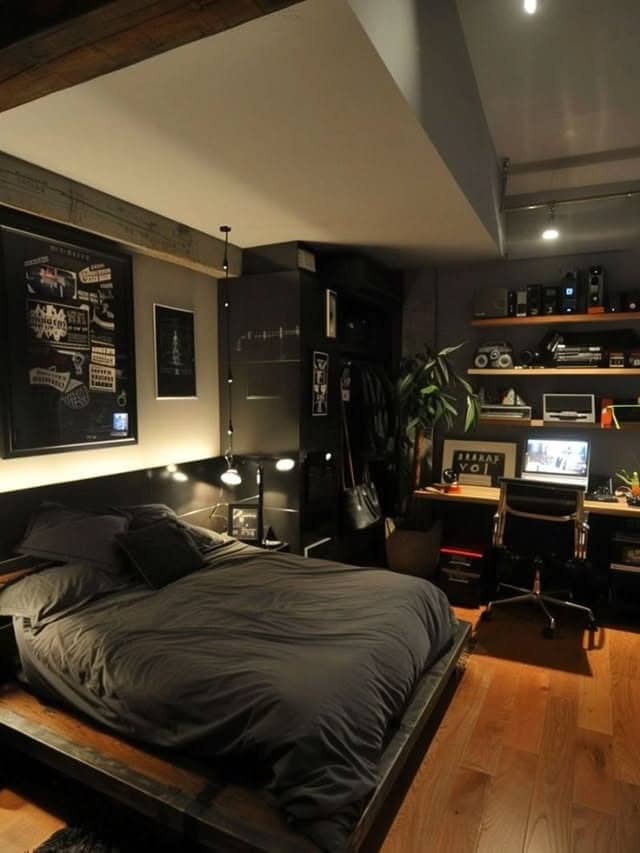 13. Industrial Charcoal Loft with Walnut Floors - black and brown bedroom ideas