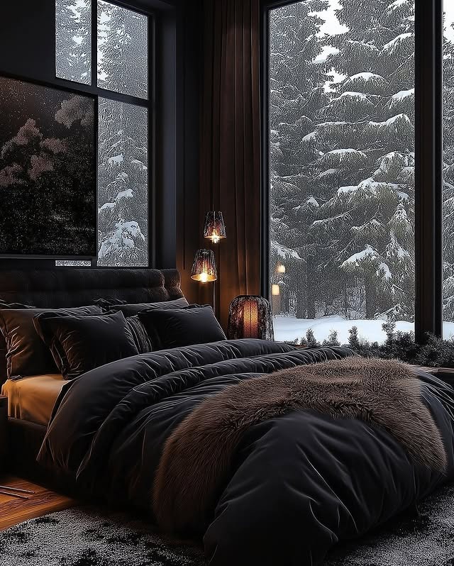 16. Winter Woodland Bedroom with Black Velvet Comfort - black and brown bedroom ideas