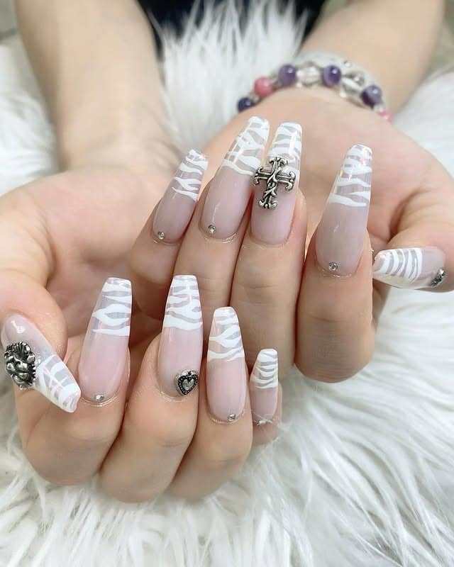 4. White Striped Glam Extensions - animal nail ideas