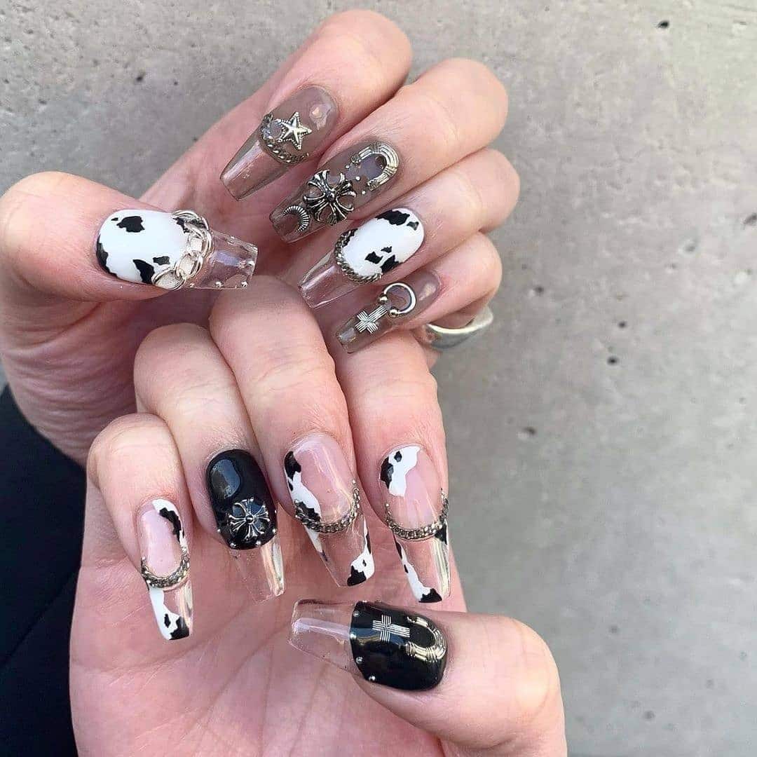 8. Clear Sculpted Cow Accents With Metal Charms - animal nail ideas