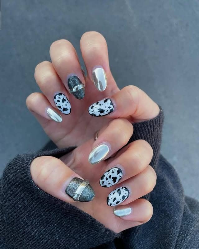 11. Chrome Cow Mix With Graphite Accents - animal nail ideas