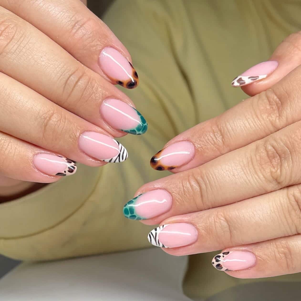 20. Animal Mix French Tips on Glossy Pink - animal nail ideas