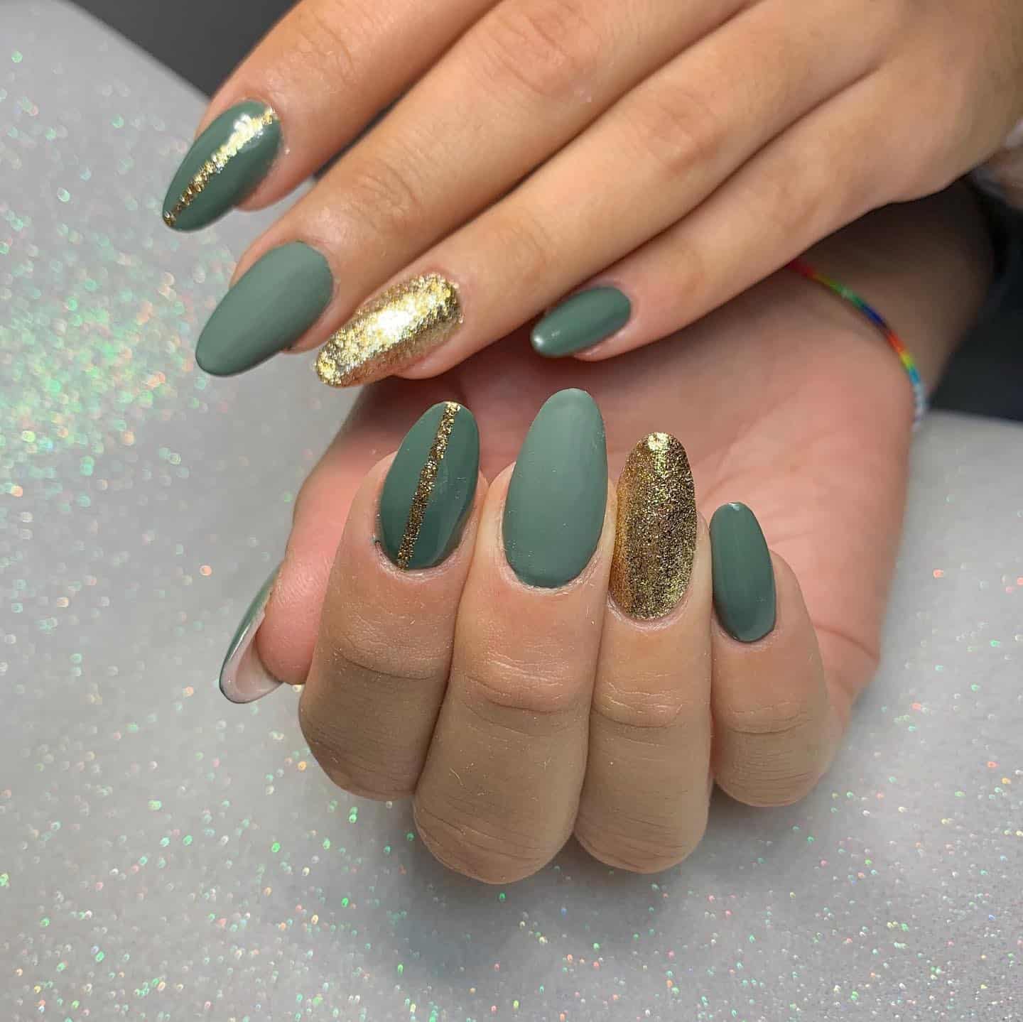 3. Matte Sage and Gold Accent Mix - army green nail ideas
