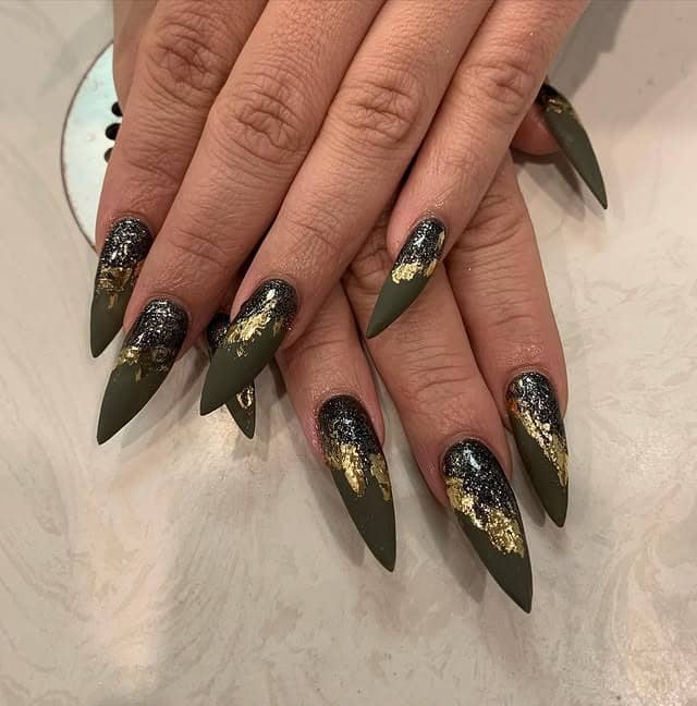 4. Dark Army Stiletto With Gold Foil - army green nail ideas