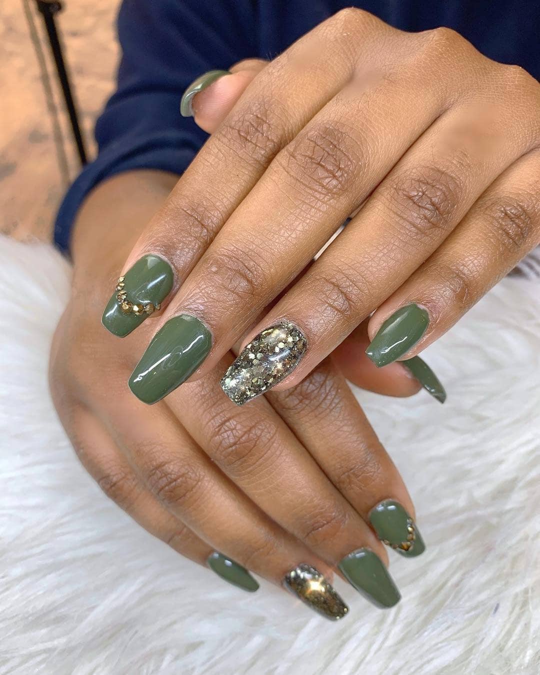 5. Classic Army Green With Glitter Feature Nail - army green nail ideas