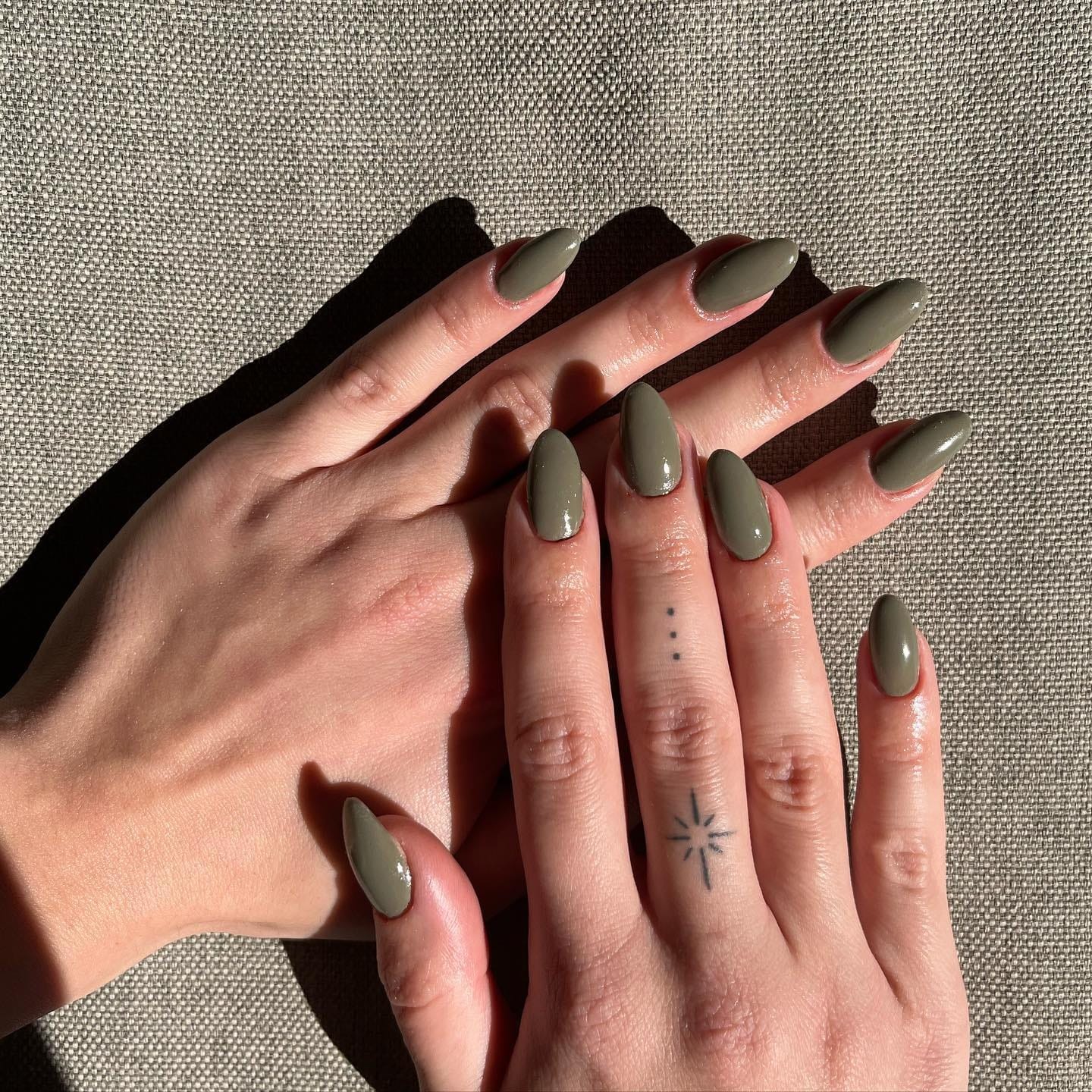 8. Sunlit Khaki Almond Nails - army green nail ideas