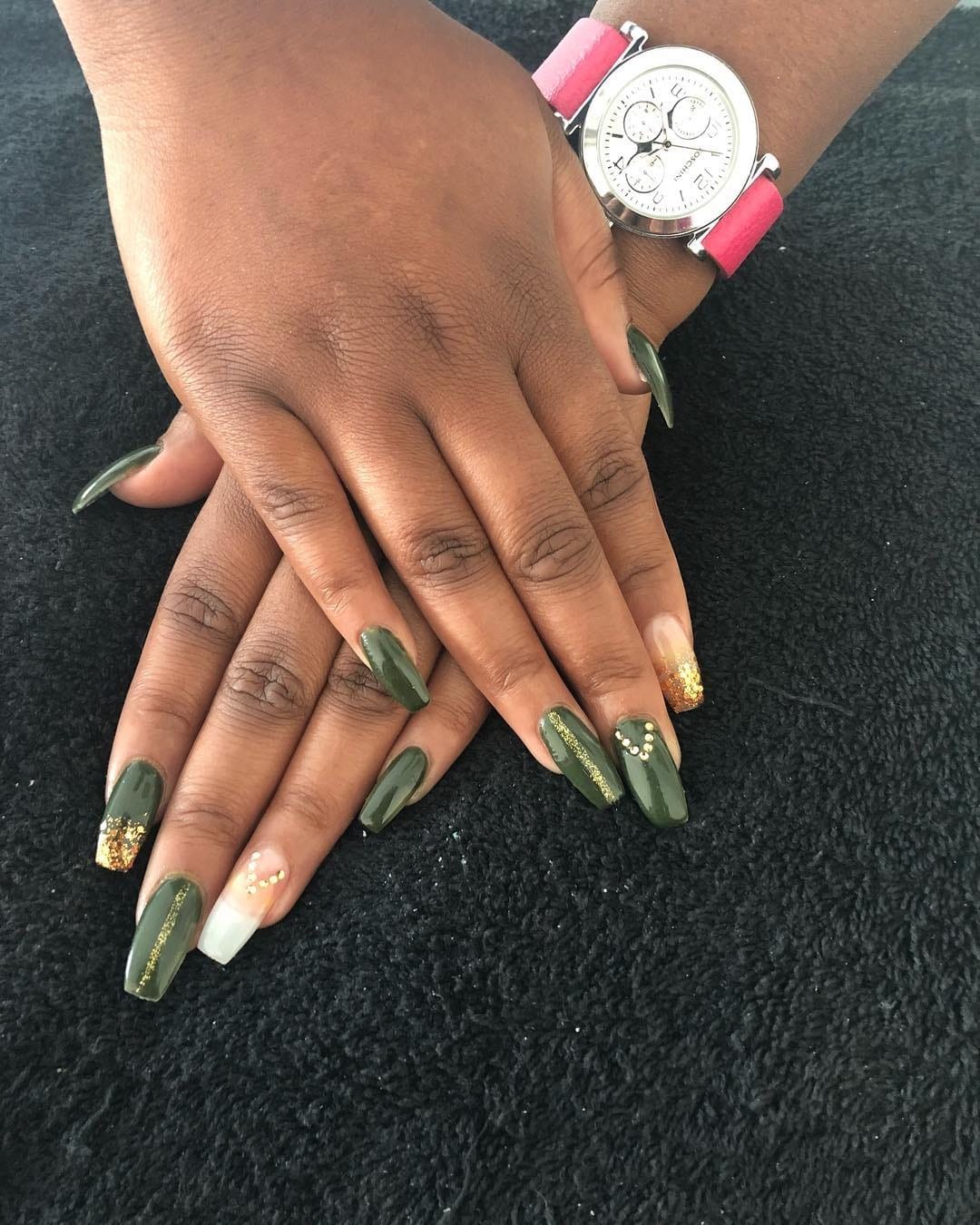 10. Deep Forest With Gold and Crystal Details - army green nail ideas