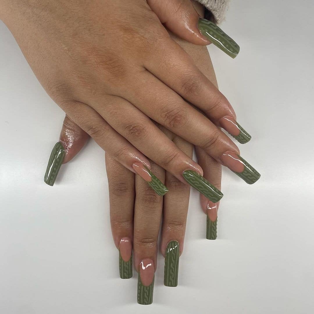 11. Army Green Cable-Knit Coffin Nails - army green nail ideas