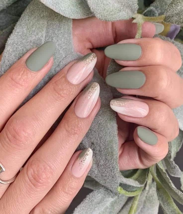 19. Matte Sage and Nude Blend With Gold Dusting - army green nail ideas