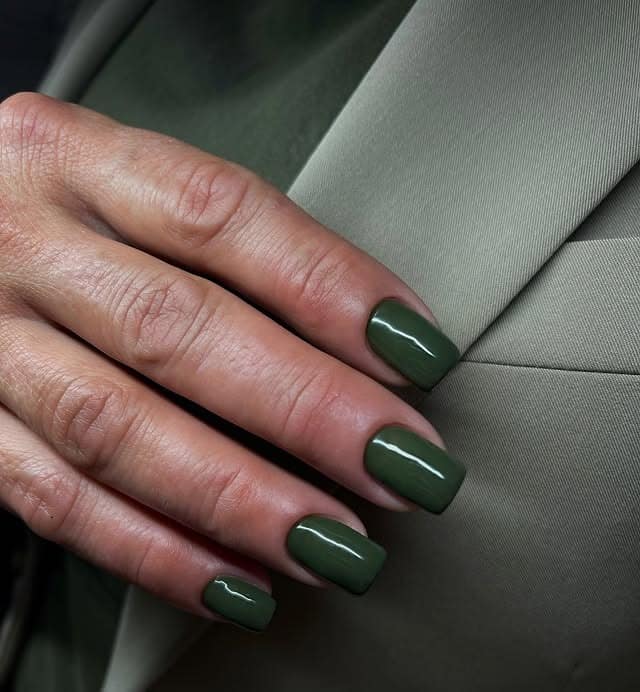 20. Deep Olive Square Gloss Nails - army green nail ideas