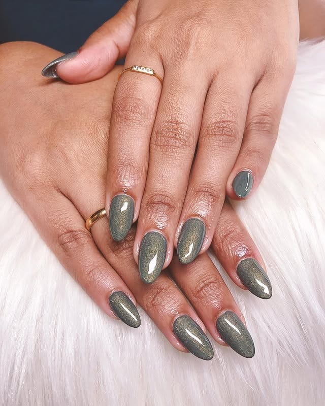 21. Shimmered Army Green Almond Nails - army green nail ideas