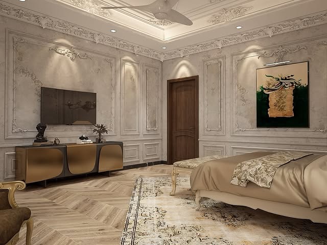 2. Classic Cream Elegance with Sculpted Wall Detailing - royal bedroom ideas