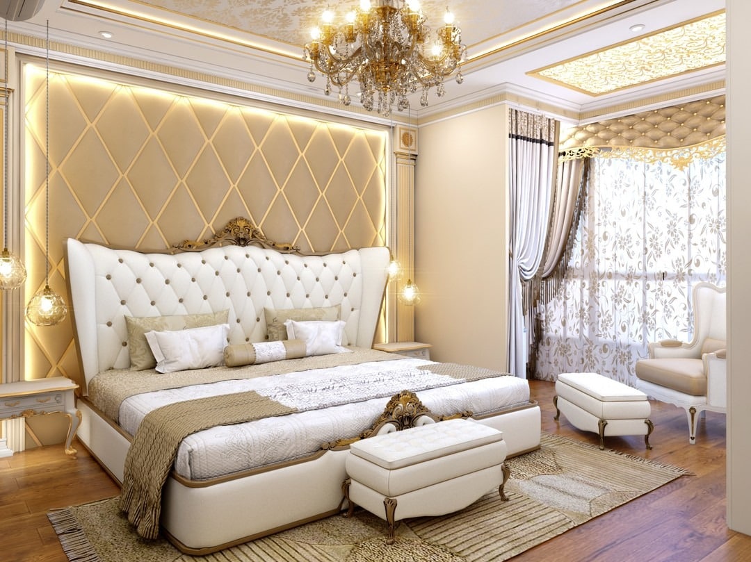 3. Ivory and Gold Luxe Suite with Diamond-Tufted Grandeur - royal bedroom ideas