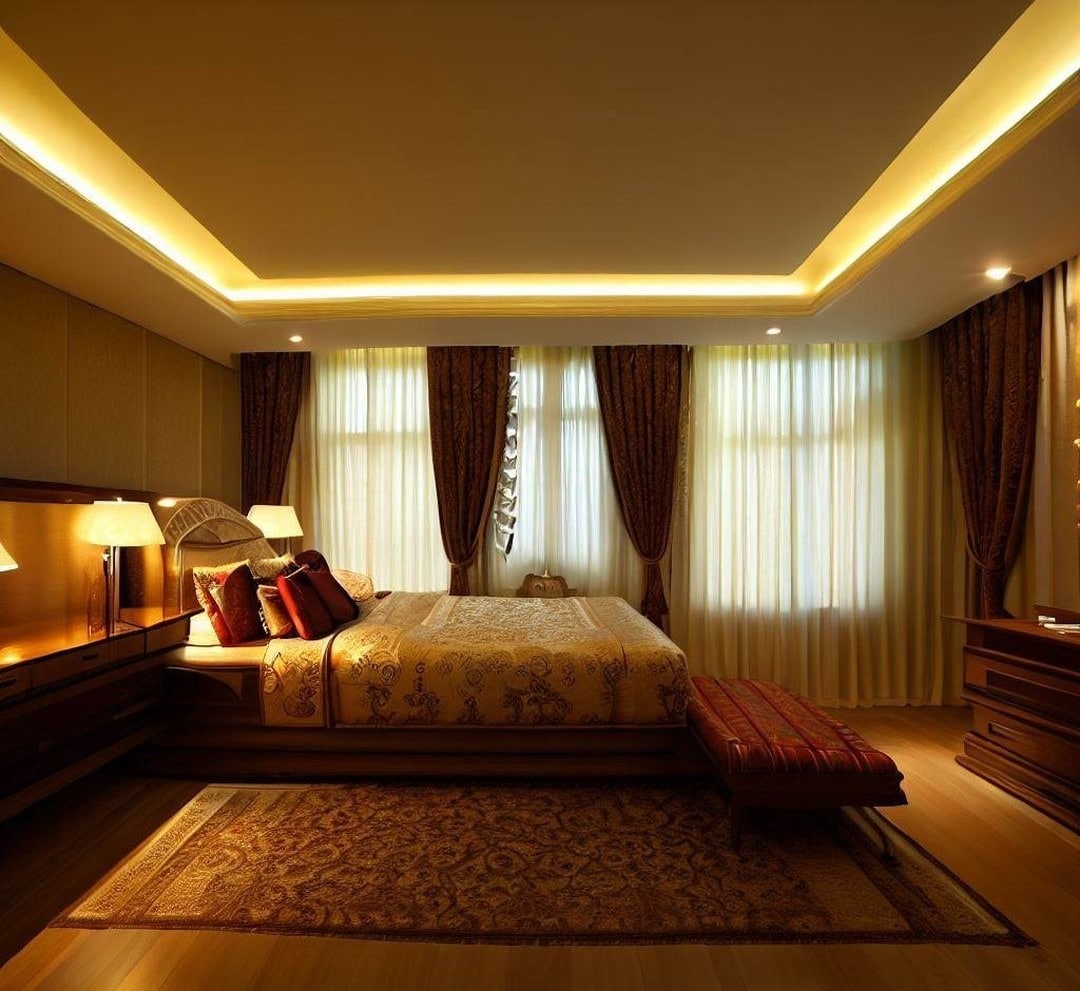 4. Golden Amber Retreat with Soft Glow Lighting - royal bedroom ideas
