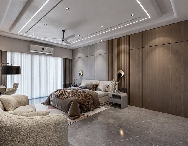 6. Modern Royal Minimalism in Stone and Espresso - royal bedroom ideas