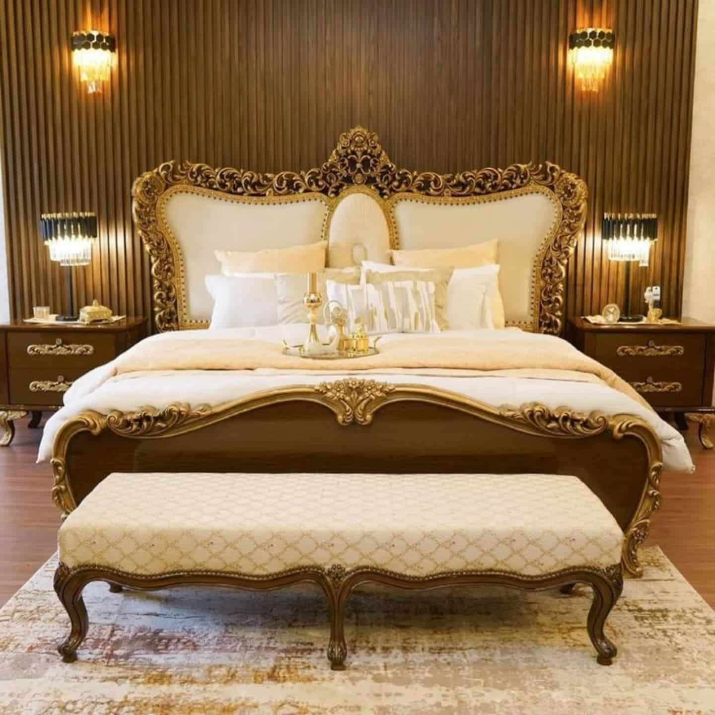 8. Gilded Heritage Bed with Soft Ivory Accents - royal bedroom ideas