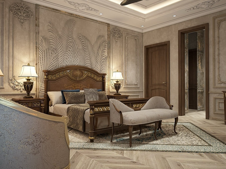 9. Regal Engraved Panels with Bronze and Teal Accents - royal bedroom ideas