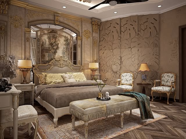 21. Vintage Gold and Taupe Aristocratic Suite - royal bedroom ideas
