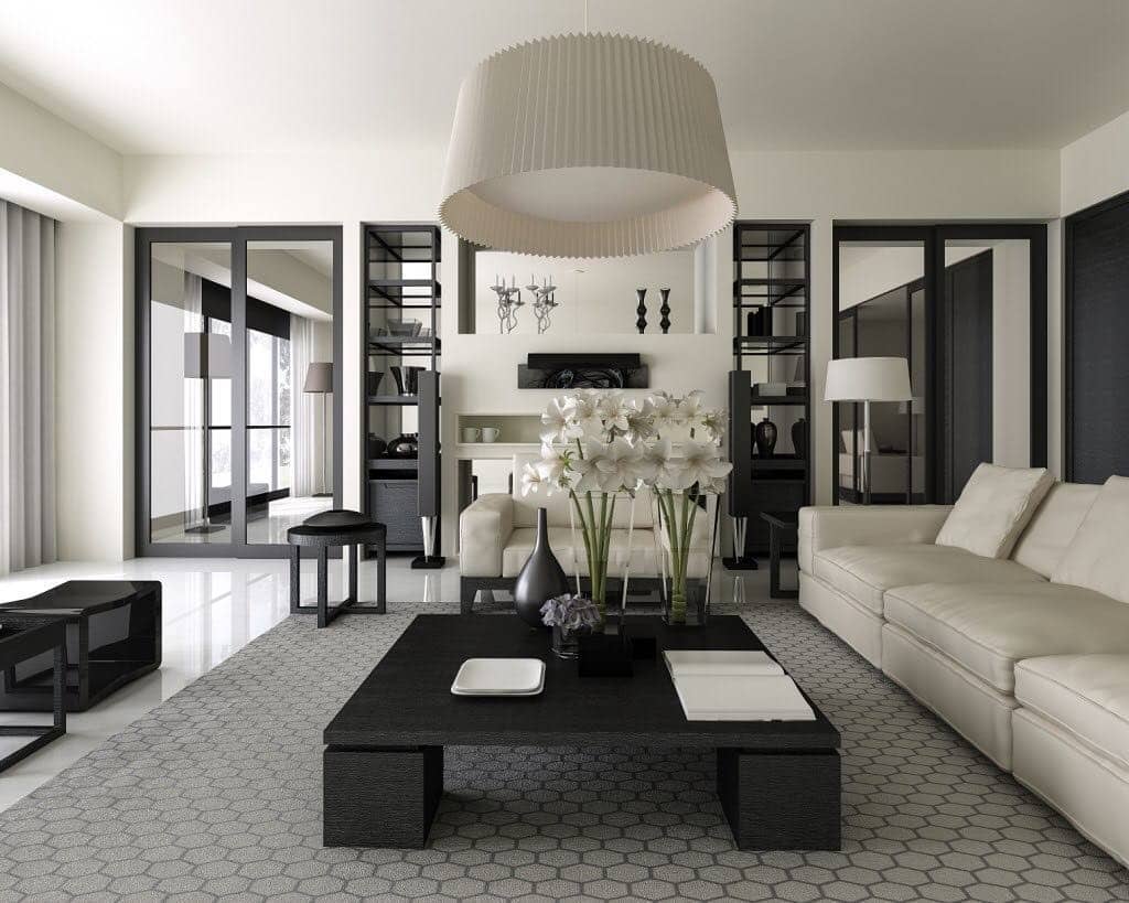 2. Elegant Contrast in Monochrome - grey, black and white living room ideas