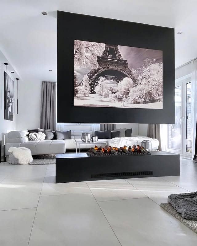 3. Sleek Modern Grey With Dramatic Black Framing - grey, black and white living room ideas