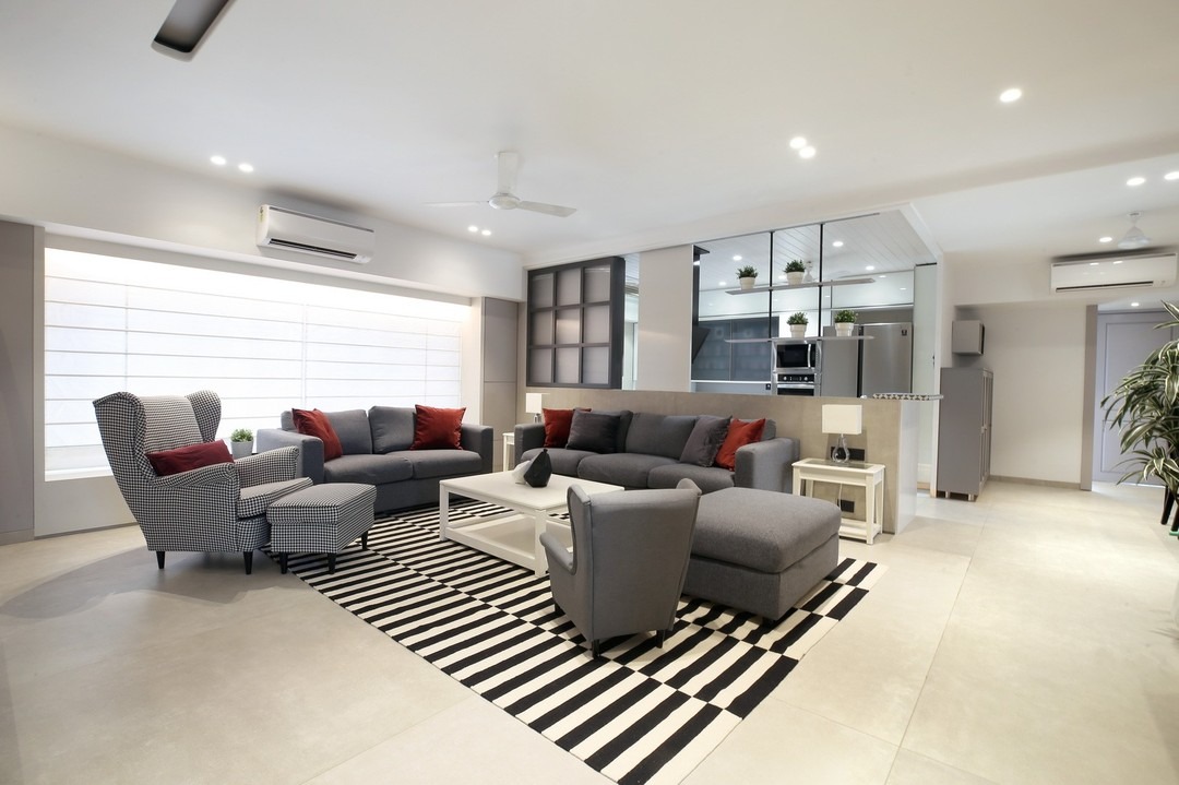 5. Urban Grey Living With Structured Lines - grey, black and white living room ideas