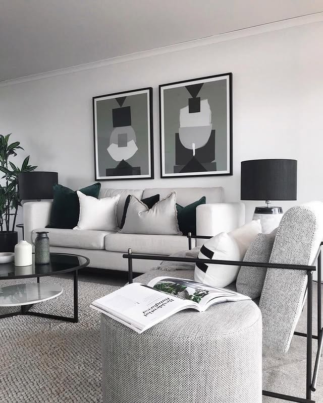 7. Soft White & Grey Living With Geometric Art - grey, black and white living room ideas