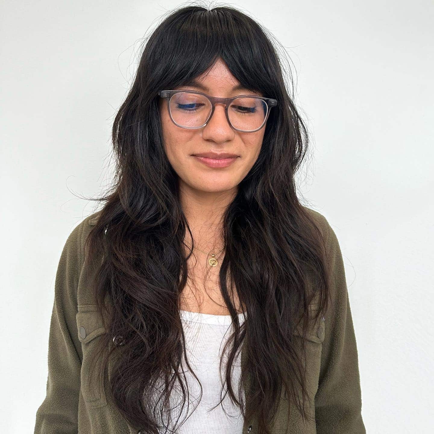 17. Deep Brown Long Shag with Eyelash Fringe - Long Shag Hairstyles