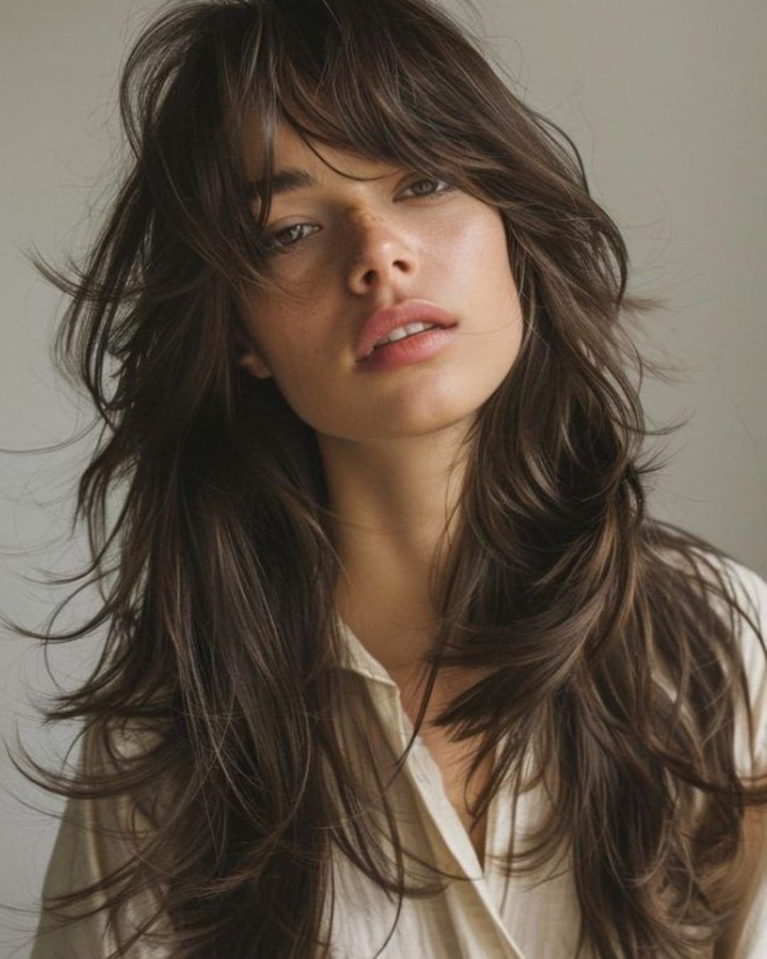 21. Soft Chestnut Layered Shag with Windswept Fringe - Long Shag Hairstyles