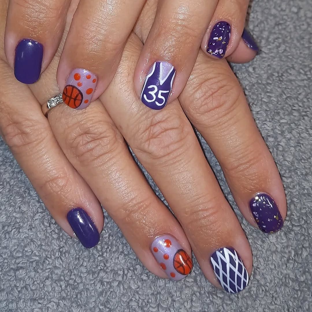 3. Purple Team Spirit Mini Courts - basketball nail ideas