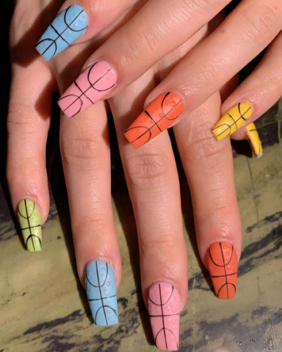 6. Color-Pop Basketball Courts - basketball nail ideas