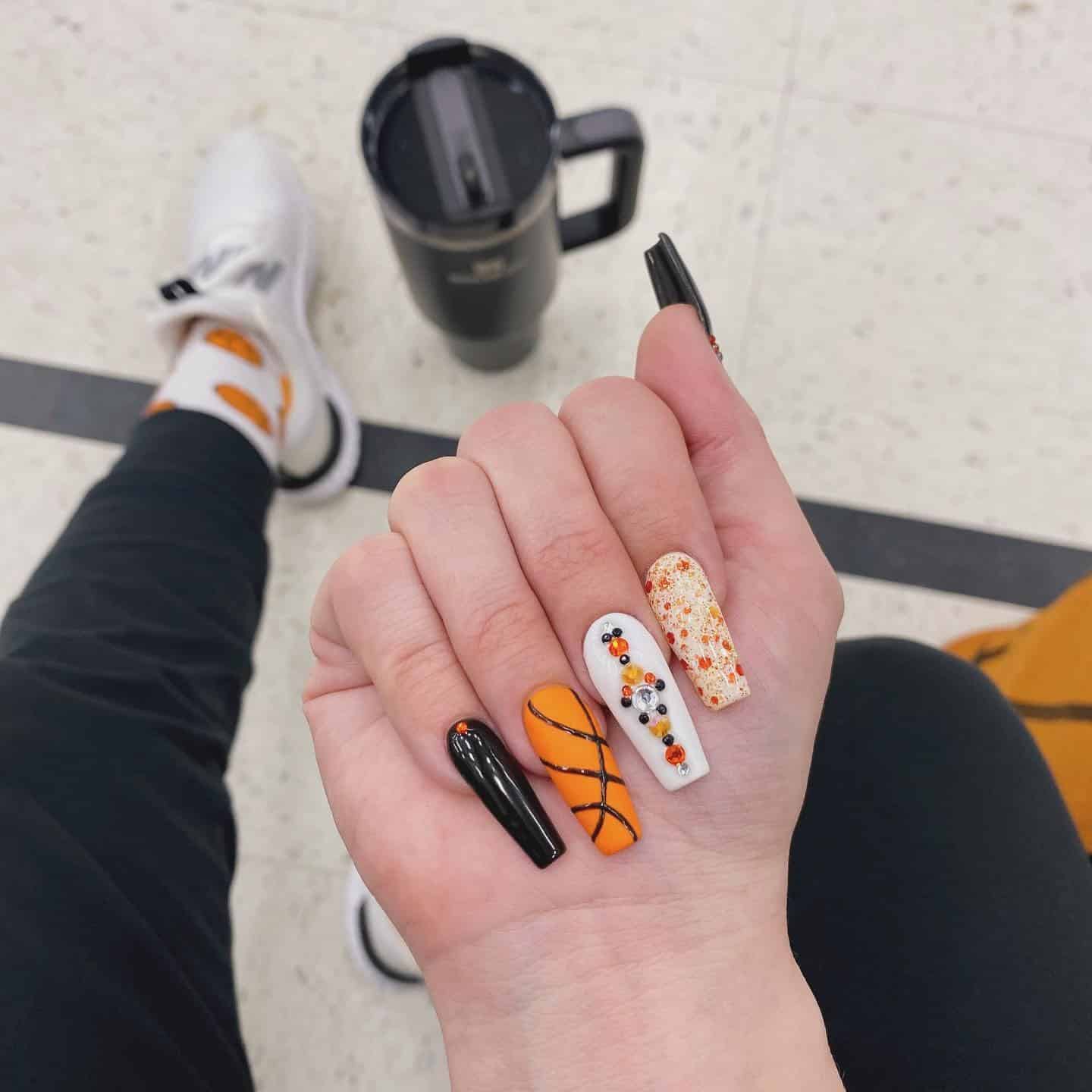 9. Mixed Texture Game-Day Long Nails - basketball nail ideas