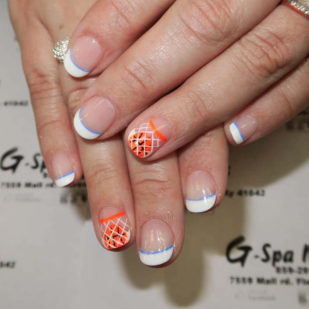 12. White French Tips with Court Net Art - basketball nail ideas