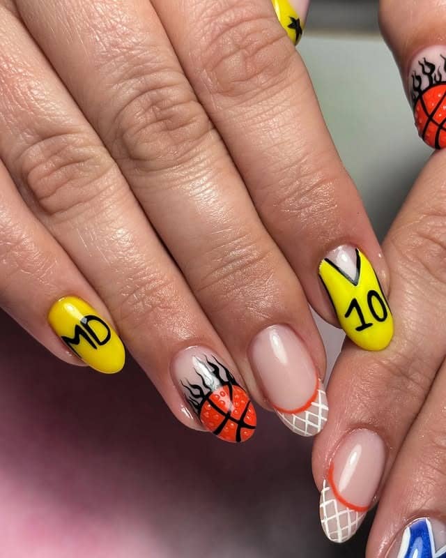 18. Yellow Jersey & Fired-Up Basketball Nails - basketball nail ideas