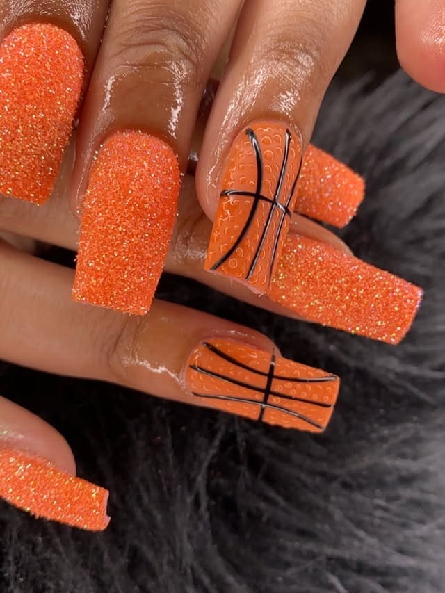 21. Glittered Orange Court Texture Set - basketball nail ideas