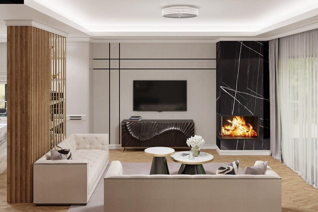 9. Modern Monochrome with Marble Fire Feature - classy living room ideas