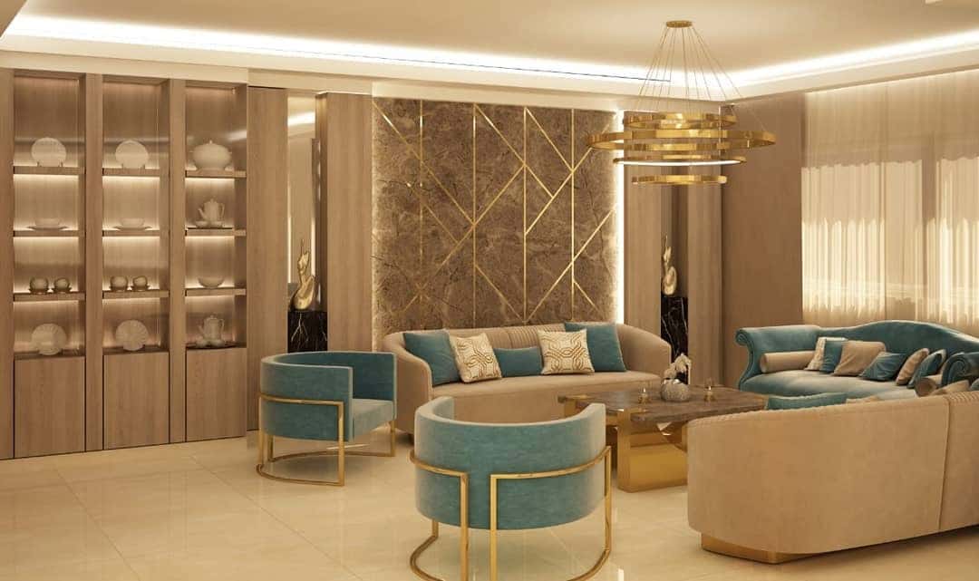 12. Gold-Trimmed Teal Sophistication - classy living room ideas