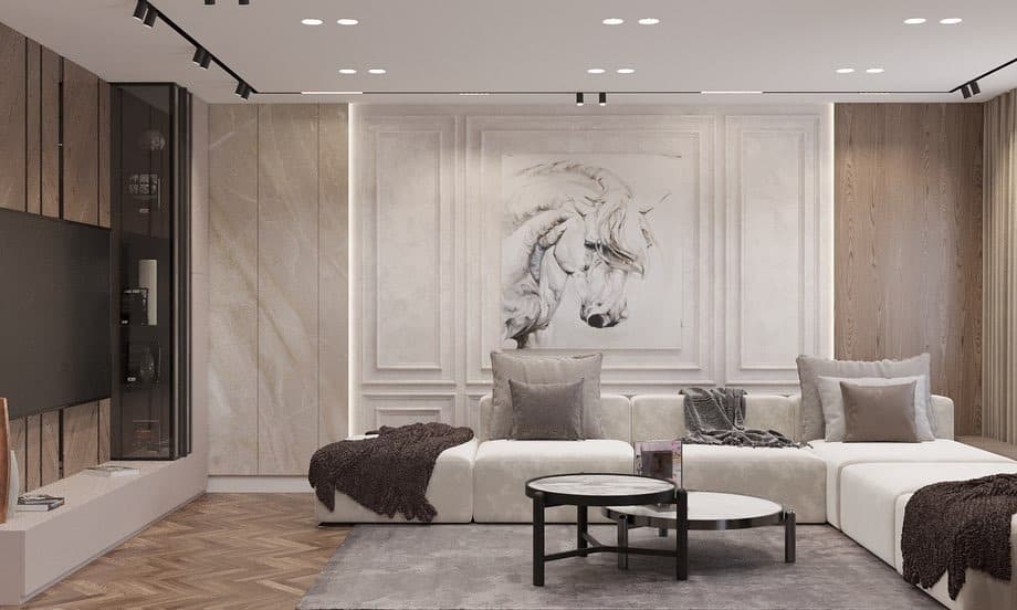 13. Soft Neutrals with Artistic Paneling - classy living room ideas