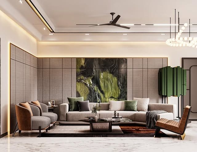 14. Contemporary Gray with Deep Green Accents - classy living room ideas