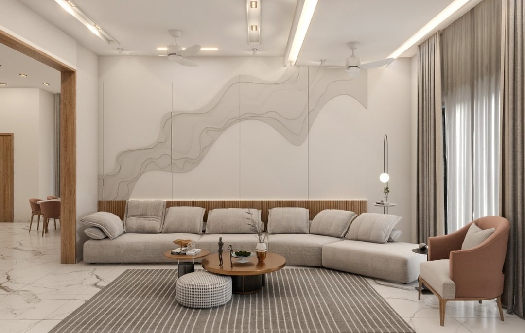 16. Minimal Cream Setting with Flowing Wall Art - classy living room ideas