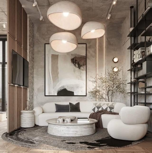 21. Textured Neutrals with Sculptural Lighting - classy living room ideas