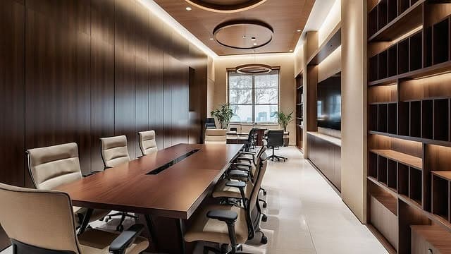 1. Walnut Boardroom with Soft Neutrals - minimal office ideas