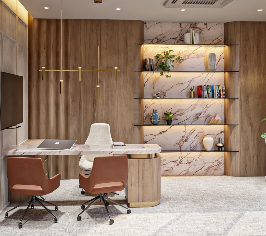 2. Marble-Backed Executive Corner with Warm Wood - minimal office ideas